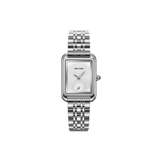 Silver watch with a checkered band on a white background
