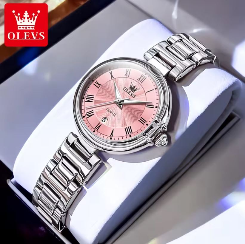 OLEVS 5608 Women’s Luxury Quartz Watch Silver Pink– Roman Scale Waterproof Luminous Watch