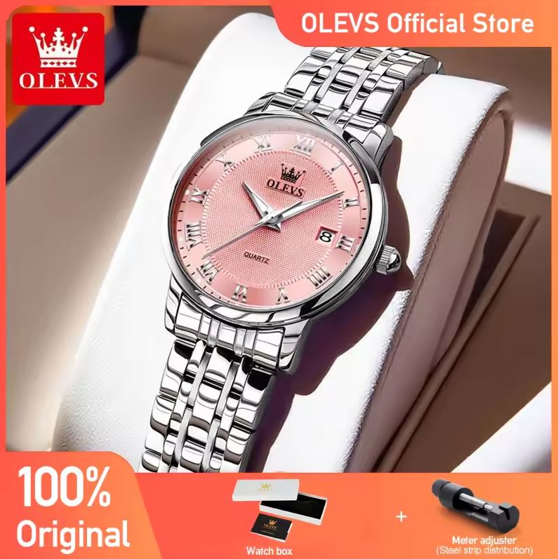 Silver watch with pink dial on a white surface, branded as OLEVS.