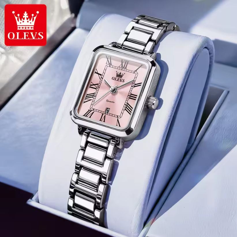 OLEVS 5641 Women’s Square Quartz Watch  Silver Pink – Roman Scale Waterproof Stainless Steel Wristwatch