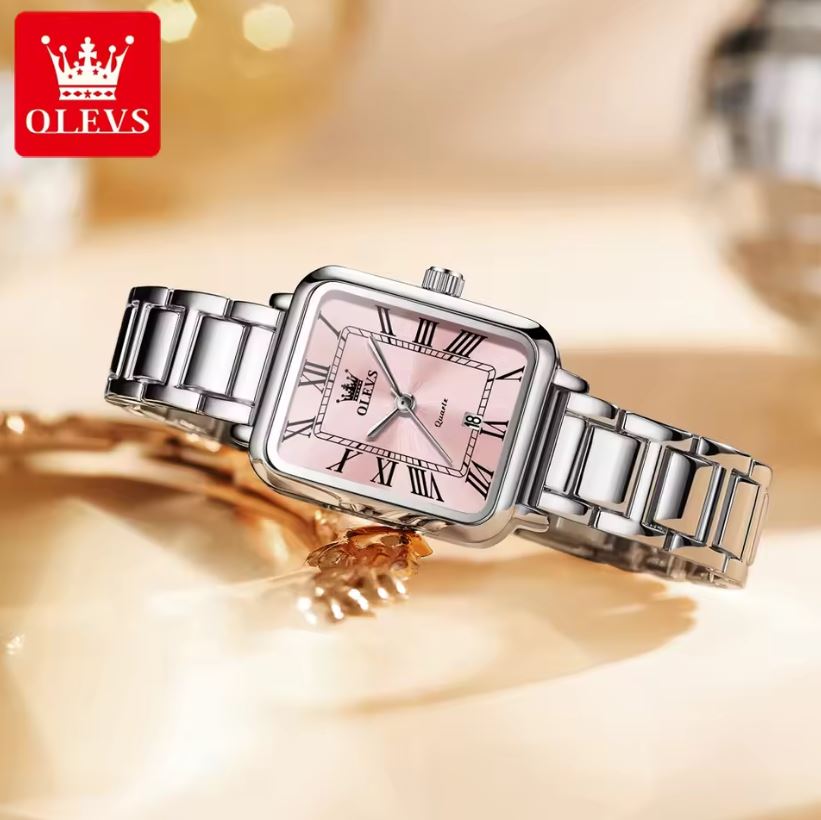 OLEVS 5641 Women’s Square Quartz Watch  Silver Pink – Roman Scale Waterproof Stainless Steel Wristwatch