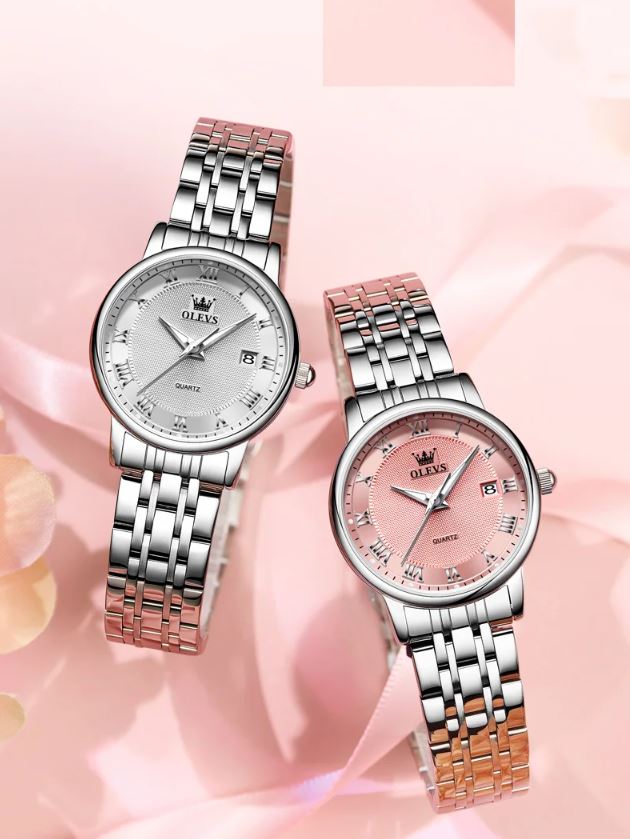 Two watches with silver and rose gold straps on a pink floral background
