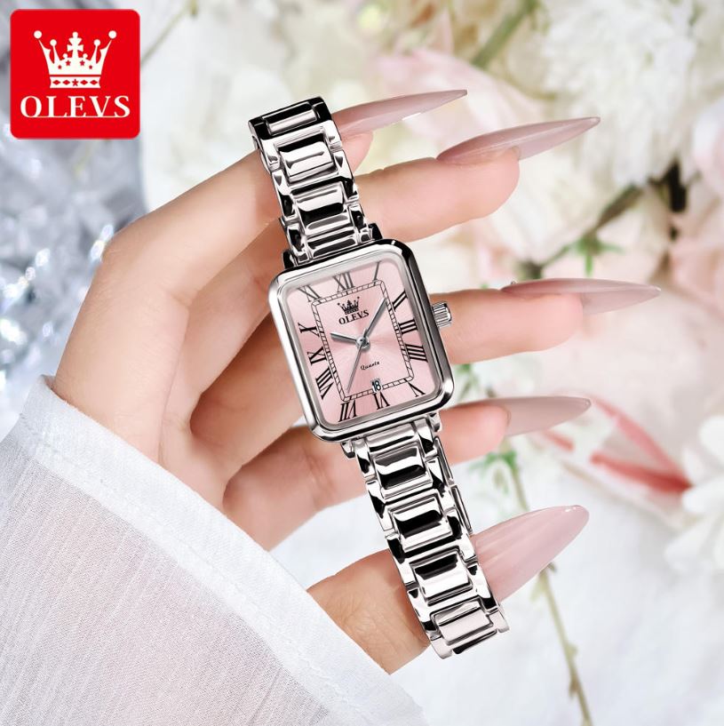 OLEVS 5641 Women’s Square Quartz Watch  Silver Pink – Roman Scale Waterproof Stainless Steel Wristwatch