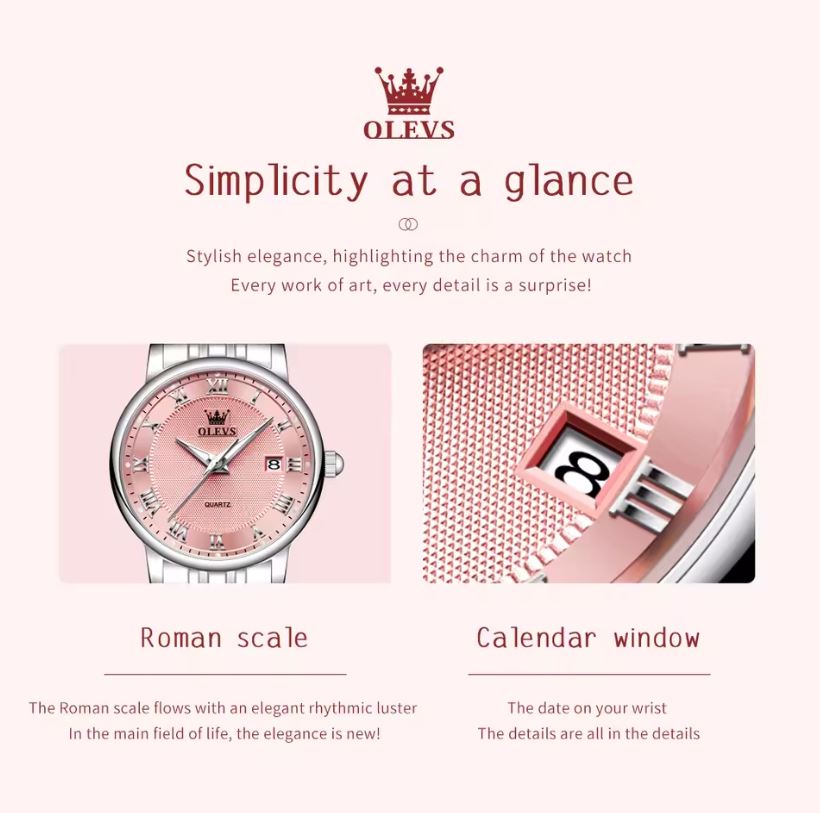 Advertisement for OLEVS watch with two models on a white background