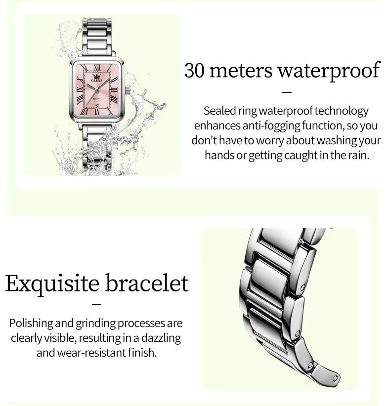 OLEVS 5641 Women’s Square Quartz Watch  Silver Pink – Roman Scale Waterproof Stainless Steel Wristwatch