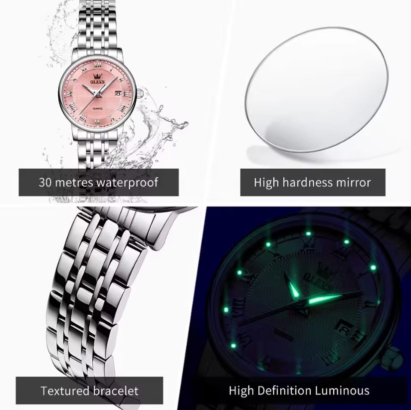 Watch with pink face, textured bracelet, high-hardness mirror, and high-definition luminous features.