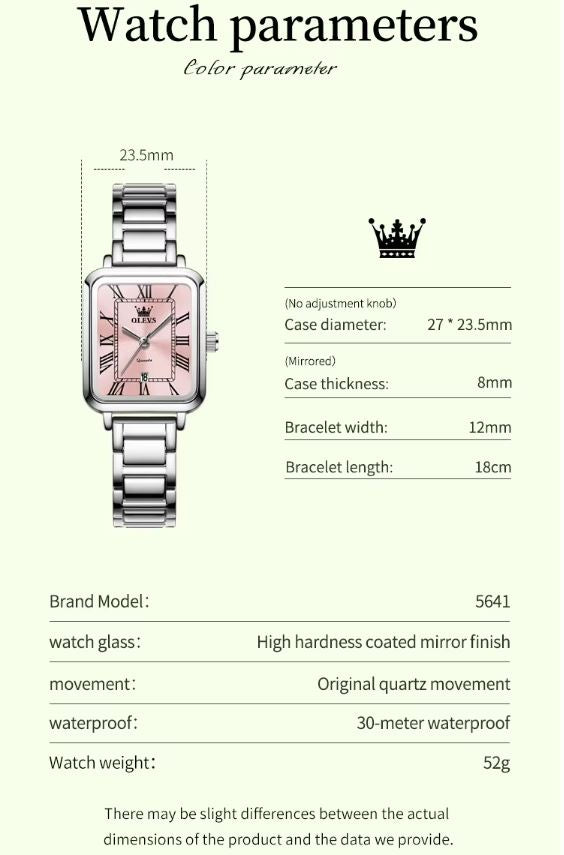 OLEVS 5641 Women’s Square Quartz Watch  Silver Pink – Roman Scale Waterproof Stainless Steel Wristwatch