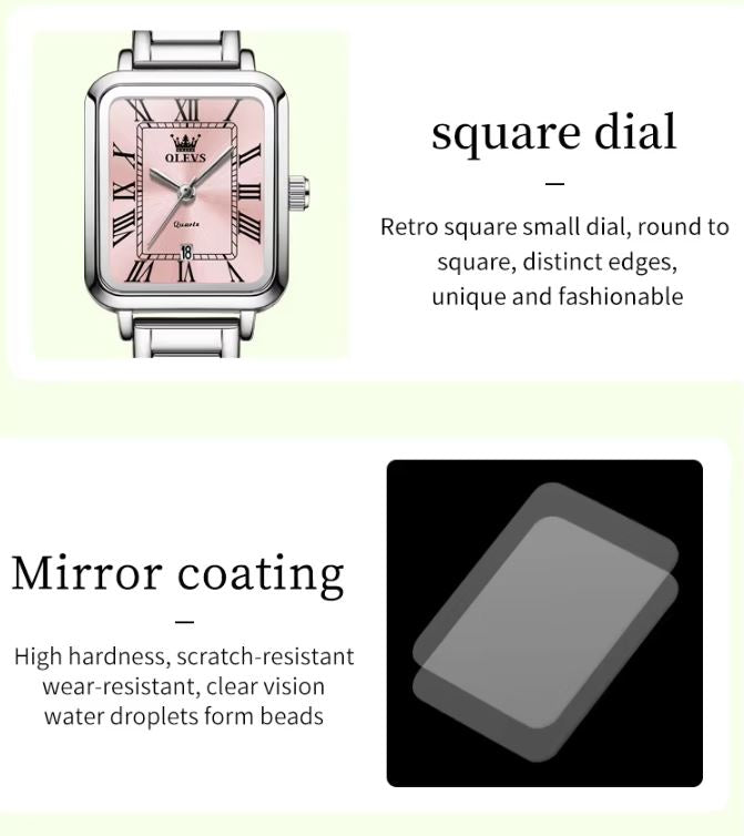 OLEVS 5641 Women’s Square Quartz Watch  Silver Pink – Roman Scale Waterproof Stainless Steel Wristwatch