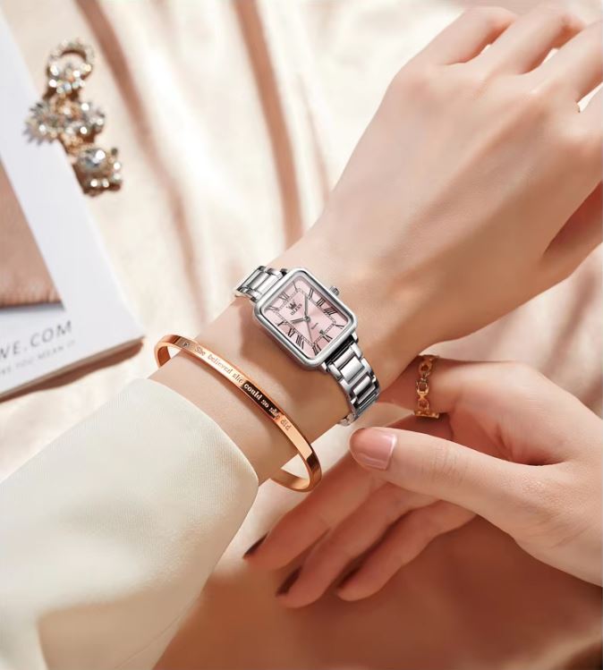 OLEVS 5641 Women’s Square Quartz Watch  Silver Pink – Roman Scale Waterproof Stainless Steel Wristwatch