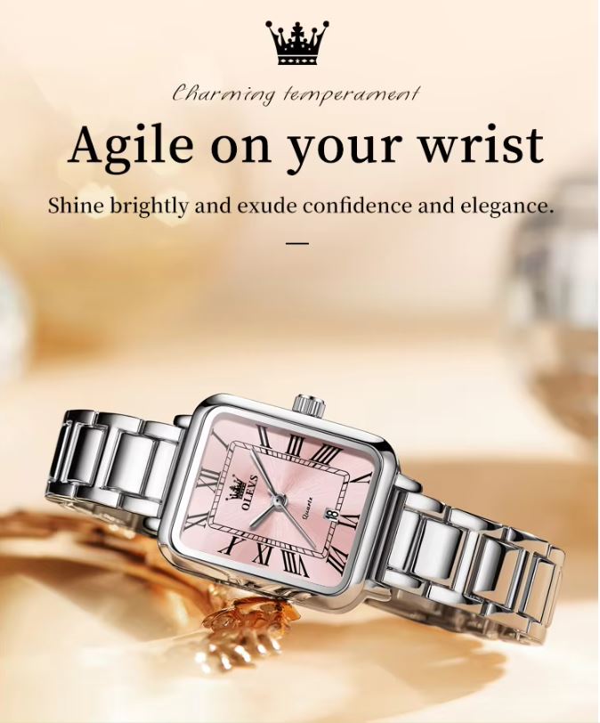 OLEVS 5641 Women’s Square Quartz Watch  Silver Pink – Roman Scale Waterproof Stainless Steel Wristwatch