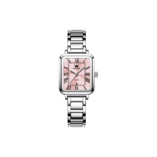 OLEVS 5641 Women’s Square Quartz Watch  Silver Pink – Roman Scale Waterproof Stainless Steel Wristwatch