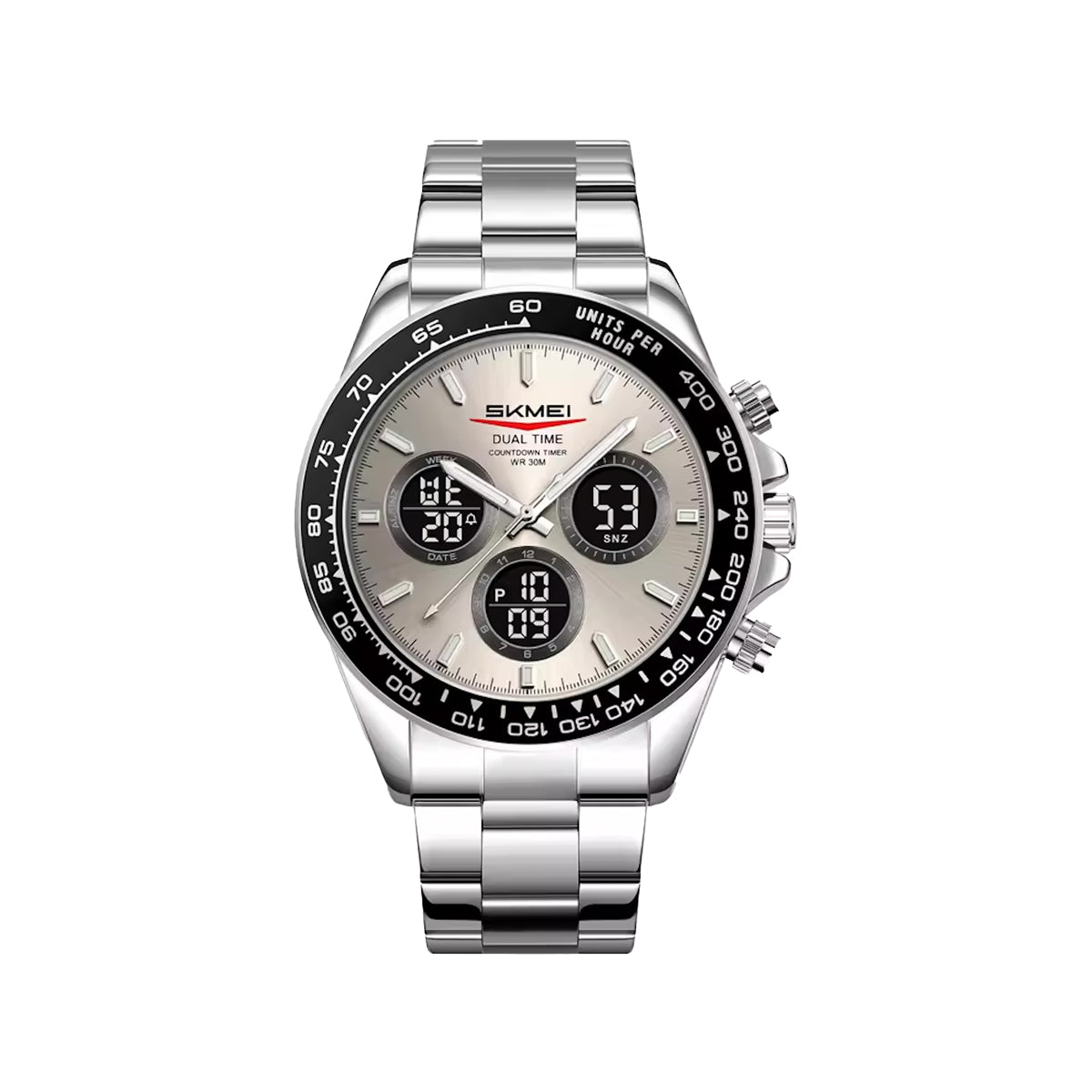 SKMEI 2587 Men’s Dual Display Quartz Watch Silver grey – Stainless Steel Business Waterproof Wristwatch