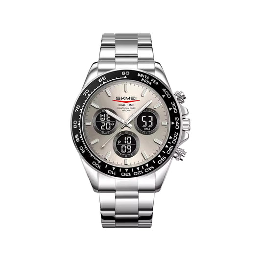 SKMEI 2587 Men’s Dual Display Quartz Watch Silver grey – Stainless Steel Business Waterproof Wristwatch