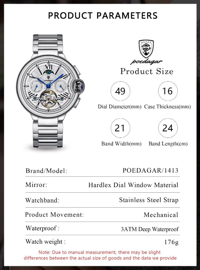 POEDAGAR 1413 Men’s Luxury Tourbillon Automatic Watch Silver White– Stainless Steel Mechanical Wristwatch