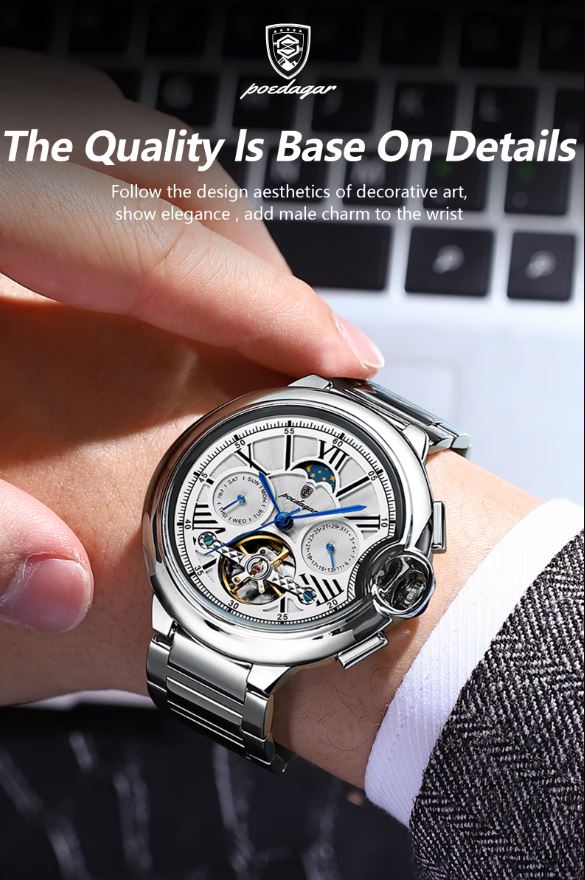 POEDAGAR 1413 Men’s Luxury Tourbillon Automatic Watch Silver White– Stainless Steel Mechanical Wristwatch