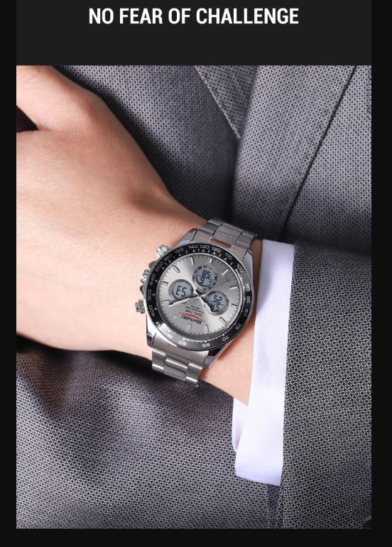 SKMEI 2587 Men’s Dual Display Quartz Watch Silver grey – Stainless Steel Business Waterproof Wristwatch