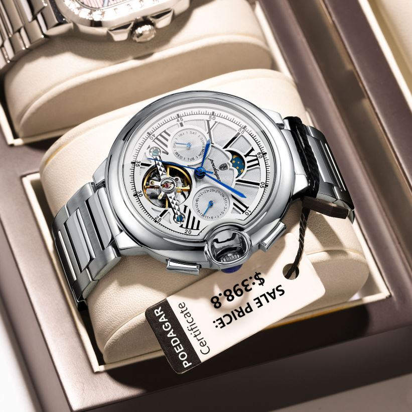 POEDAGAR 1413 Men’s Luxury Tourbillon Automatic Watch Silver White– Stainless Steel Mechanical Wristwatch