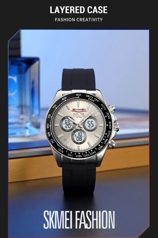 SKMEI 2588 Men’s Dual Display Quartz Watch Silver grey– Silicone Strap Waterproof Electronic Wristwatch