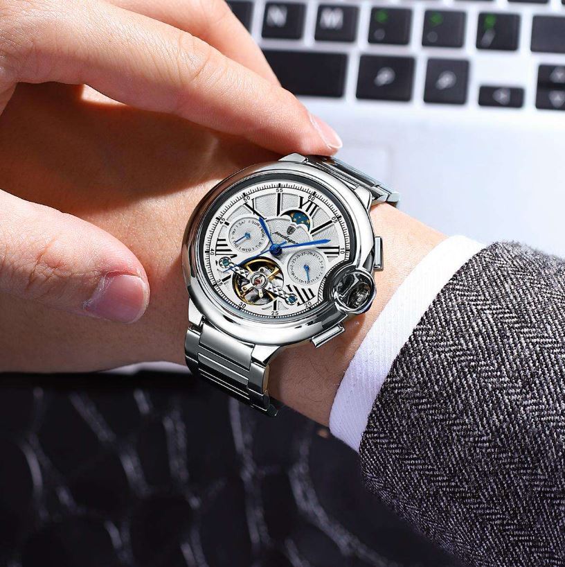 POEDAGAR 1413 Men’s Luxury Tourbillon Automatic Watch Silver White– Stainless Steel Mechanical Wristwatch