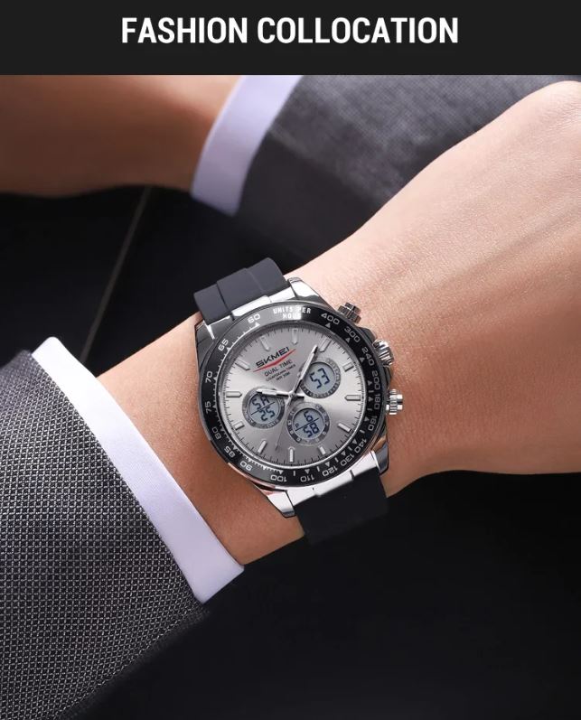 SKMEI 2588 Men’s Dual Display Quartz Watch Silver grey– Silicone Strap Waterproof Electronic Wristwatch