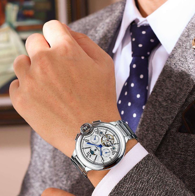 POEDAGAR 1413 Men’s Luxury Tourbillon Automatic Watch Silver White– Stainless Steel Mechanical Wristwatch