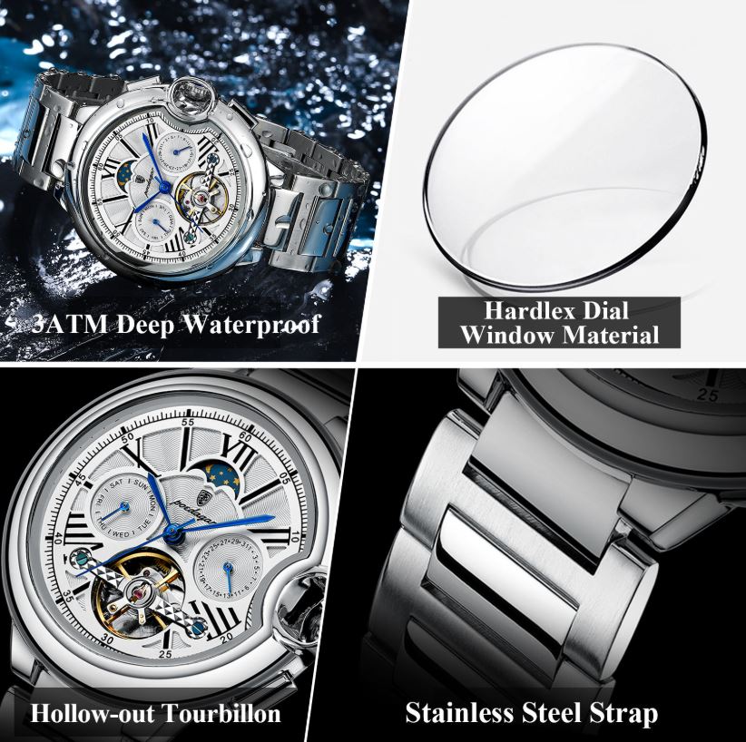 POEDAGAR 1413 Men’s Luxury Tourbillon Automatic Watch Silver Blue– Stainless Steel Mechanical Wristwatch