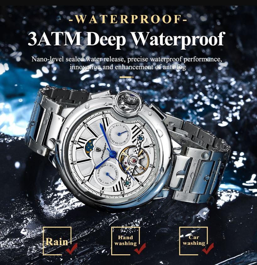 Waterproof watch with text highlighting its deep water resistance on a wet surface background.