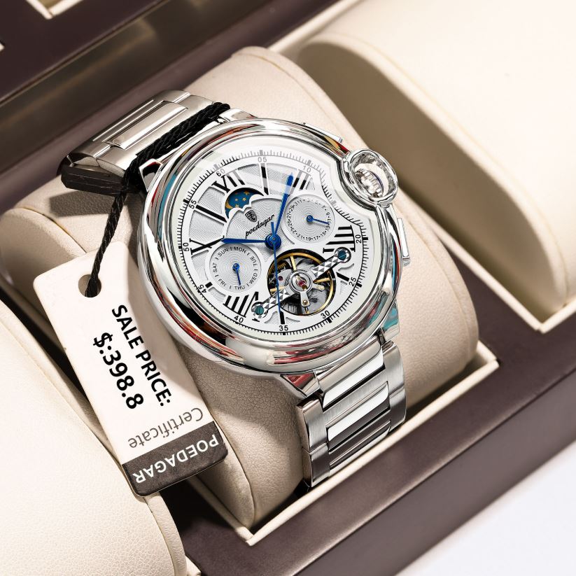 POEDAGAR 1413 Men’s Luxury Tourbillon Automatic Watch Silver White– Stainless Steel Mechanical Wristwatch