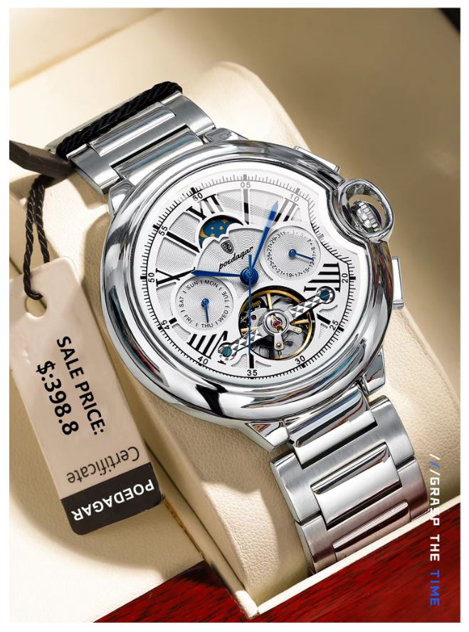 POEDAGAR 1413 Men’s Luxury Tourbillon Automatic Watch Silver White– Stainless Steel Mechanical Wristwatch
