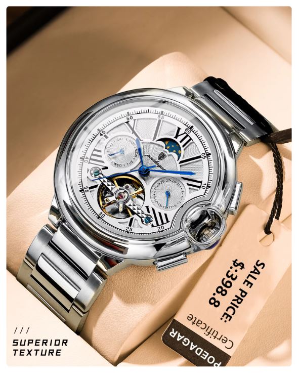 POEDAGAR 1413 Men’s Luxury Tourbillon Automatic Watch Silver White– Stainless Steel Mechanical Wristwatch