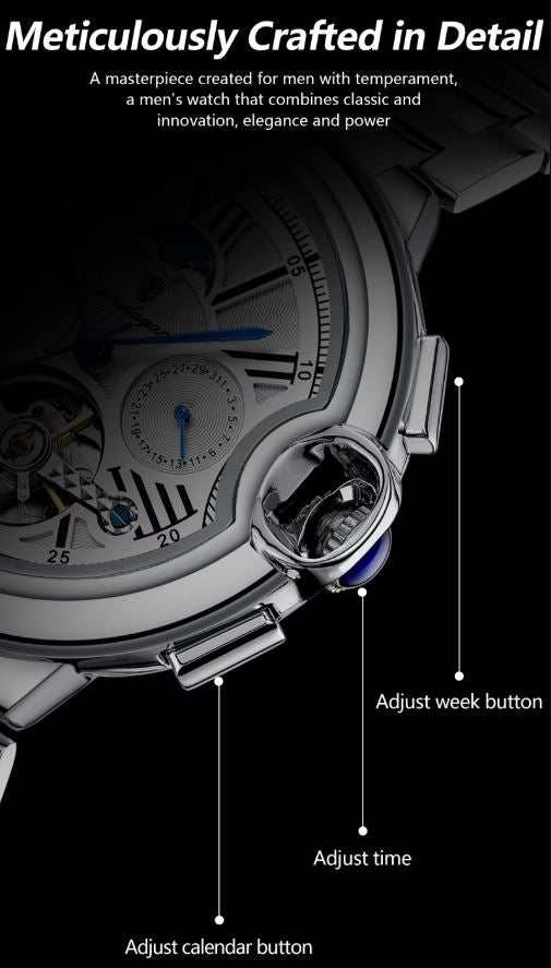 POEDAGAR 1413 Men’s Luxury Tourbillon Automatic Watch Silver White– Stainless Steel Mechanical Wristwatch