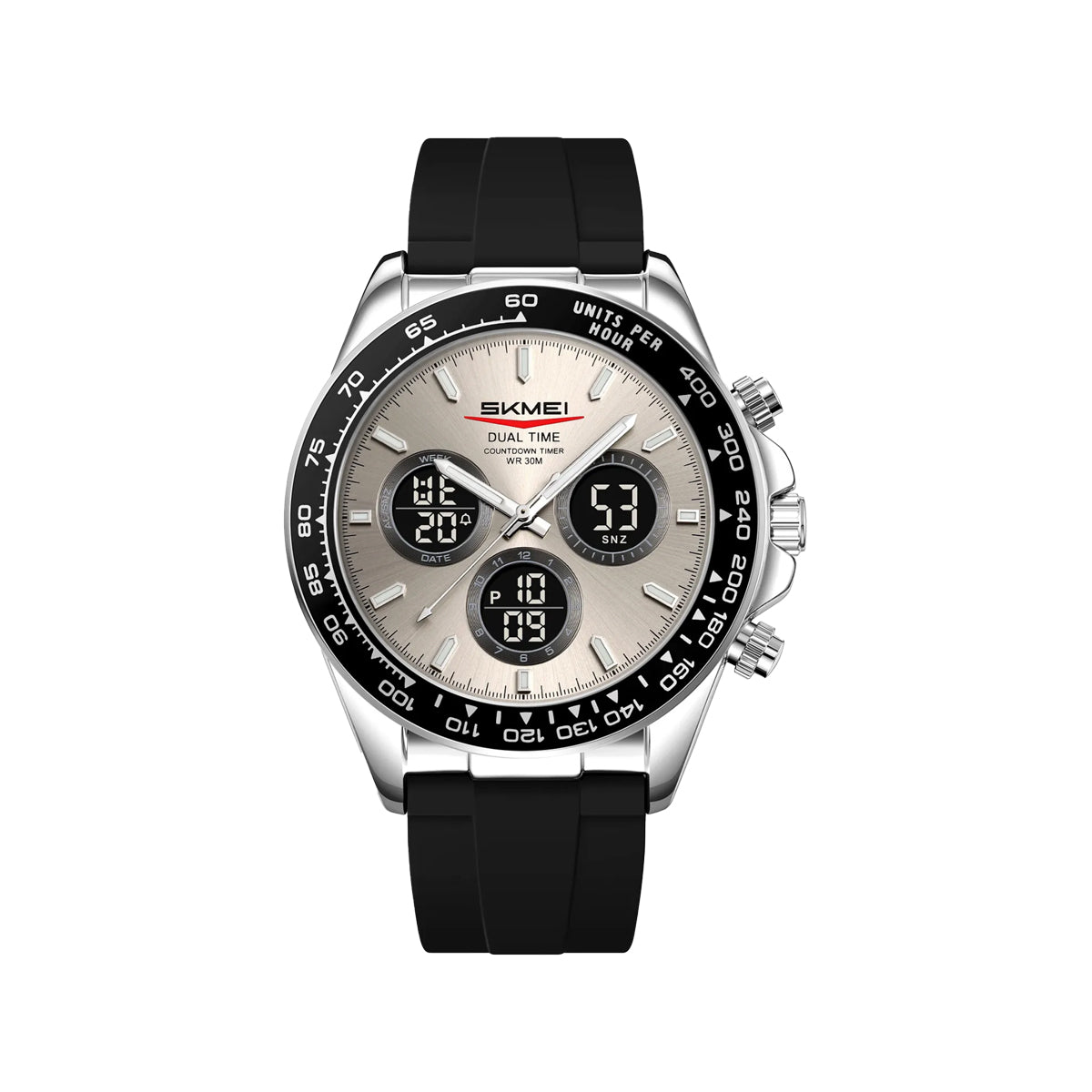 SKMEI 2588 Men’s Dual Display Quartz Watch Silver grey– Silicone Strap Waterproof Electronic Wristwatch