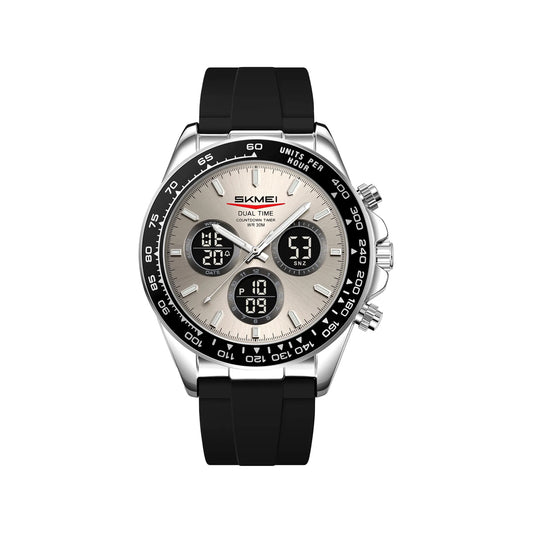 SKMEI 2588 Men’s Dual Display Quartz Watch Silver grey– Silicone Strap Waterproof Electronic Wristwatch