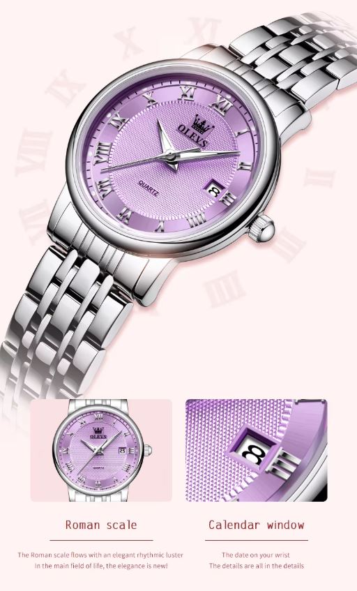 Watch with purple dial and silver case on a light pink background