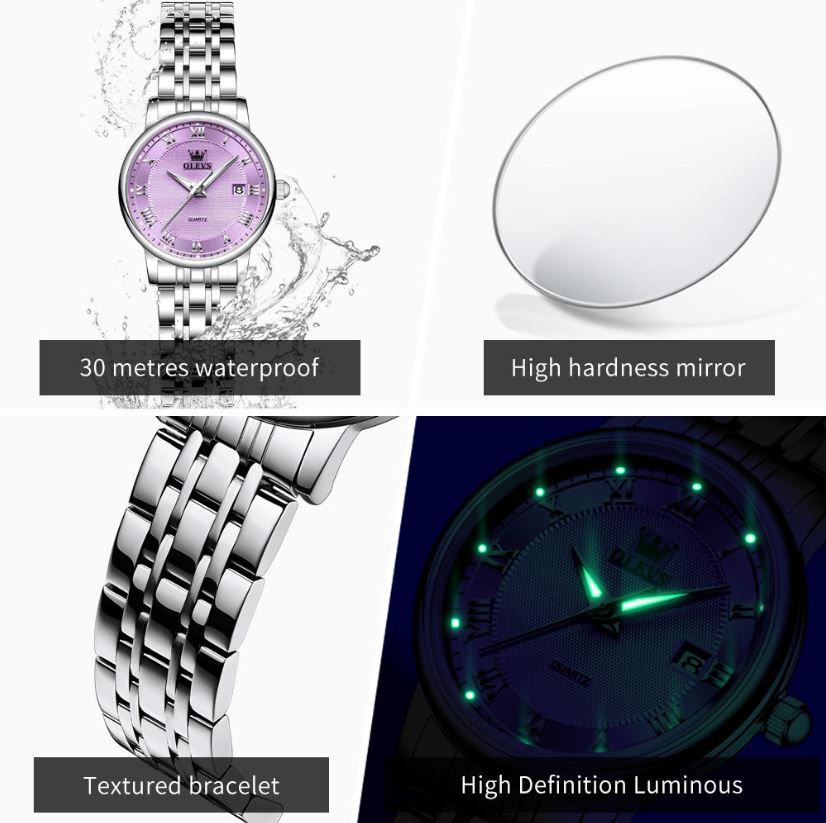 Watch with purple face, textured bracelet, water resistance, high hardness mirror, and high definition luminous features.