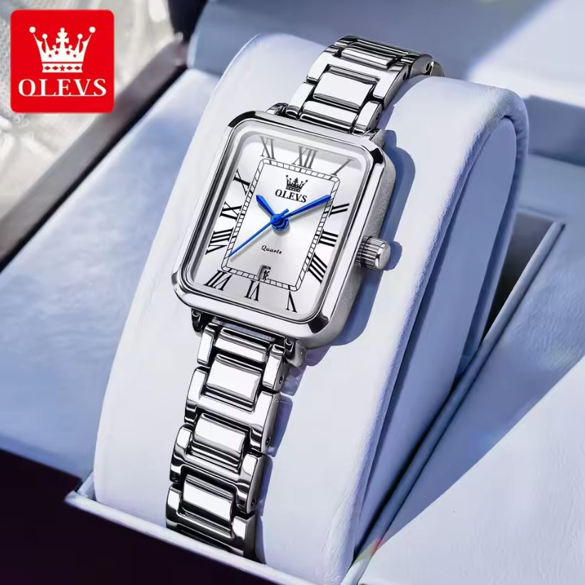 OLEVS 5641 Women’s Square Quartz Watch  Silver White – Roman Scale Waterproof Stainless Steel Wristwatch