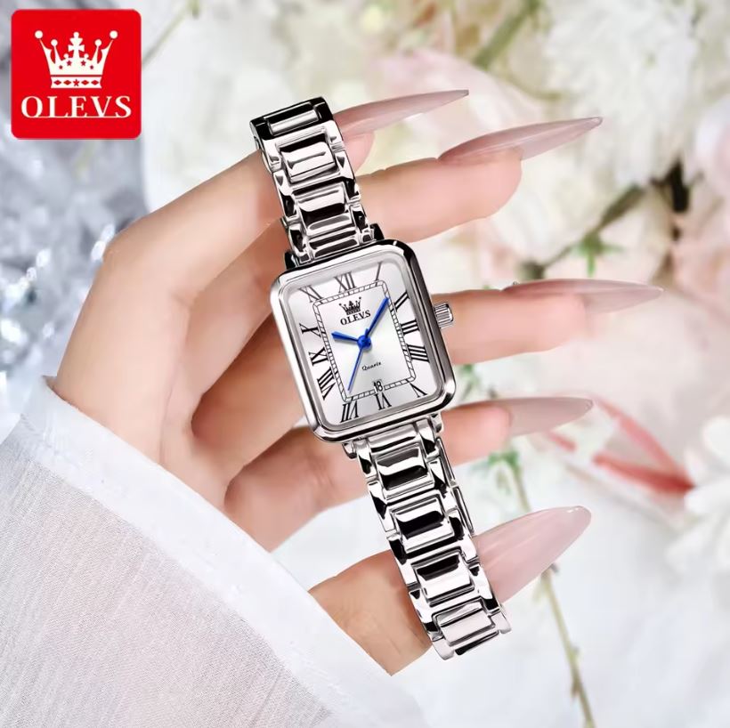 OLEVS 5641 Women’s Square Quartz Watch  Silver White – Roman Scale Waterproof Stainless Steel Wristwatch