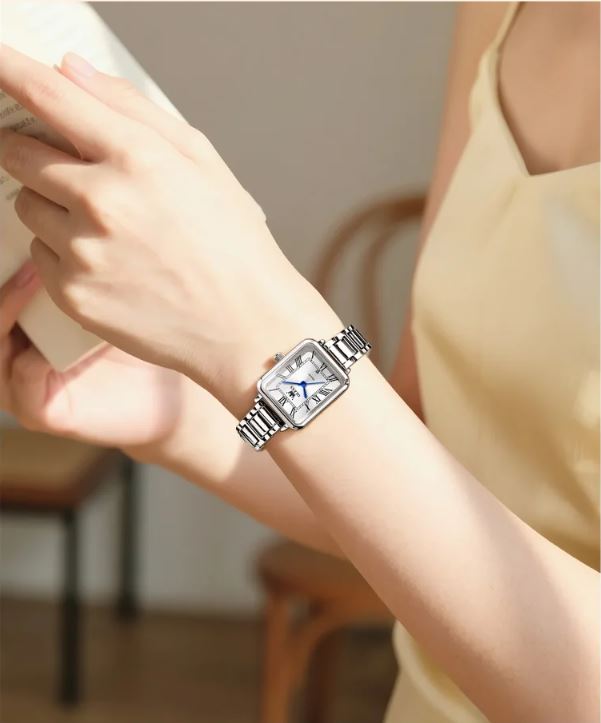 OLEVS 5641 Women’s Square Quartz Watch  Silver White – Roman Scale Waterproof Stainless Steel Wristwatch