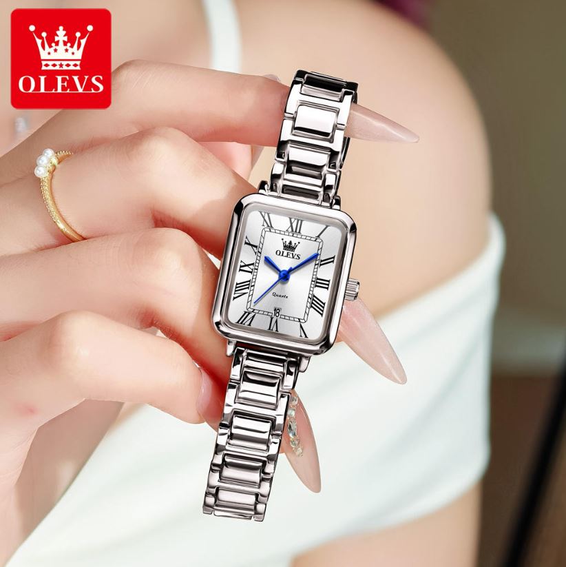 OLEVS 5641 Women’s Square Quartz Watch  Silver White – Roman Scale Waterproof Stainless Steel Wristwatch