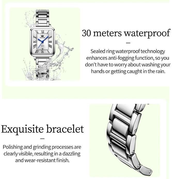 OLEVS 5641 Women’s Square Quartz Watch  Silver White – Roman Scale Waterproof Stainless Steel Wristwatch