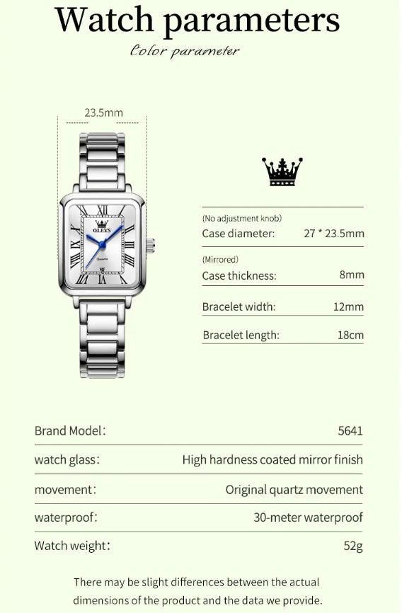 OLEVS 5641 Women’s Square Quartz Watch  Silver White – Roman Scale Waterproof Stainless Steel Wristwatch