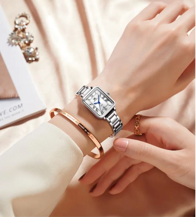 OLEVS 5641 Women’s Square Quartz Watch  Silver White – Roman Scale Waterproof Stainless Steel Wristwatch