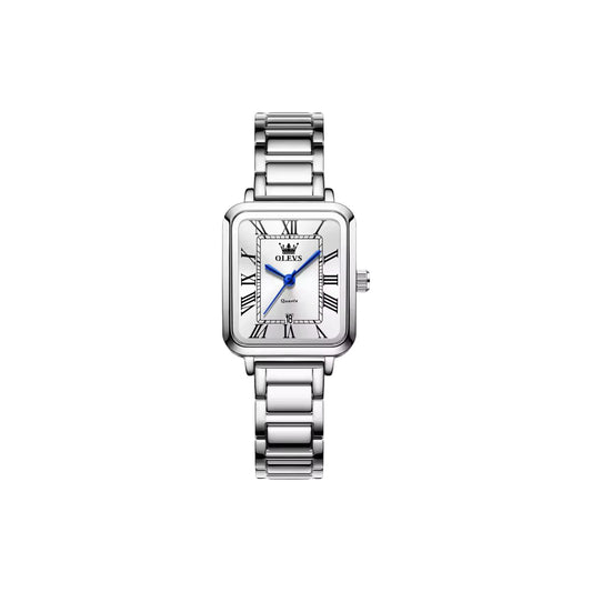 OLEVS 5641 Women’s Square Quartz Watch  Silver White – Roman Scale Waterproof Stainless Steel Wristwatch