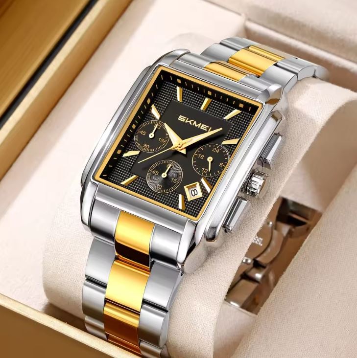 SKMEI 2339 Men’s Square Stainless Steel Quartz Watch Two Tone Black– Waterproof Business Wristwatch