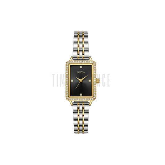 OLIYA 609 Women’s Luxury Square Quartz Watch Two Tone Black Dial – Stainless Steel Elegant Wristwatch
