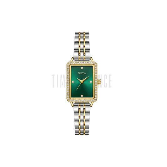 OLIYA 609 Women’s Luxury Square Quartz Watch Two Tone Green Dial – Stainless Steel Elegant Wristwatch