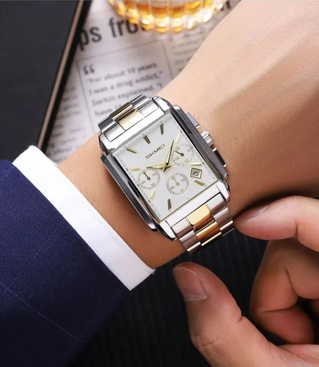 SKMEI 2339 Men’s Square Stainless Steel Quartz Watch Two Tone White– Waterproof Business Wristwatch
