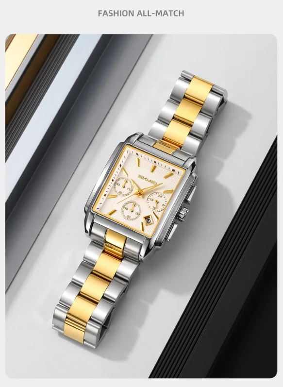 SKMEI 2339 Men’s Square Stainless Steel Quartz Watch Two Tone White– Waterproof Business Wristwatch