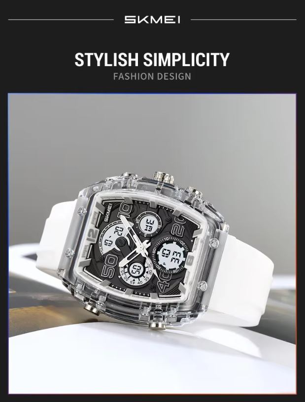 SKMEI 2603 Men’s Tonneau Digital Sports Watch Translucent white– Chrono Waterproof LED Wristwatch