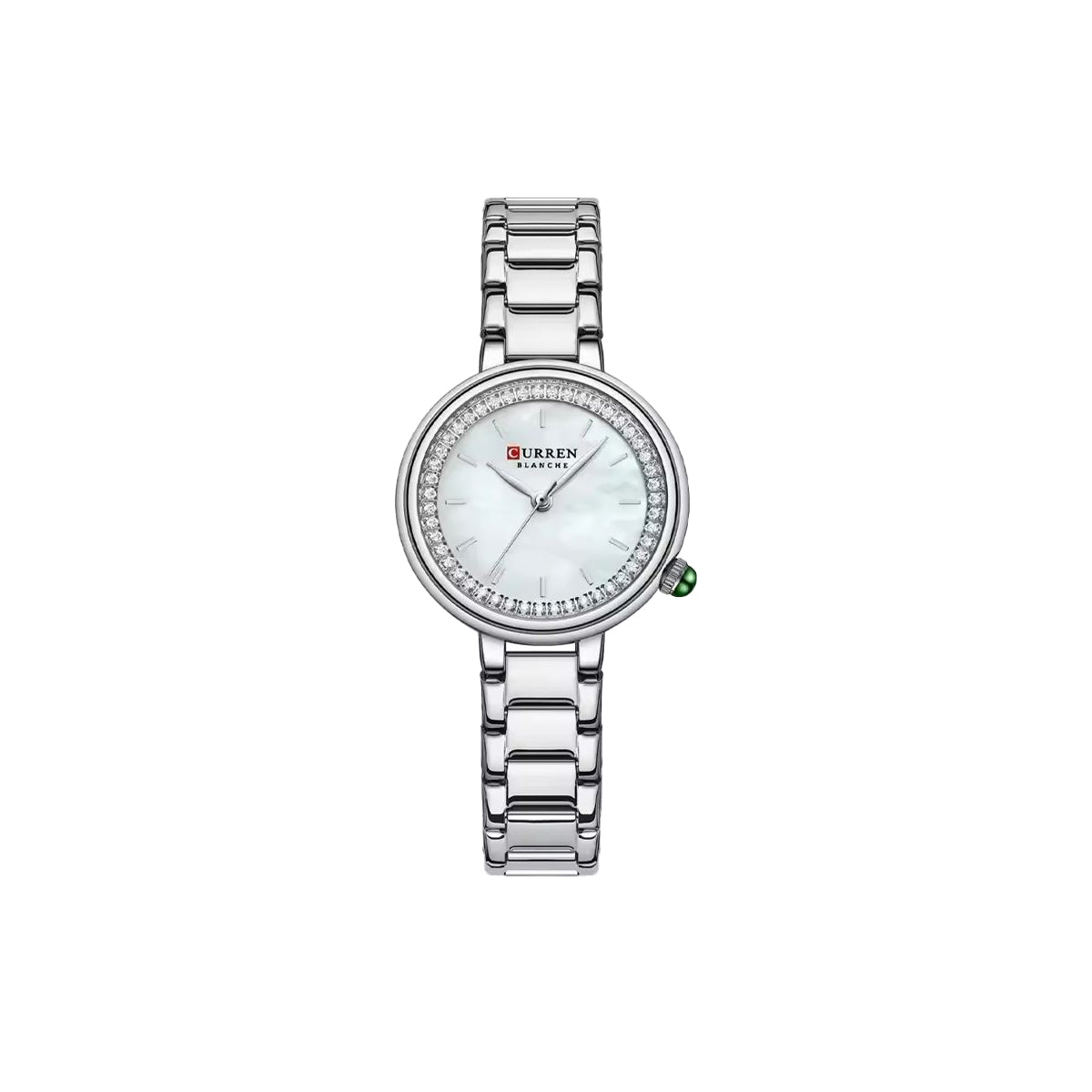 Silver watch with a white face on a white background